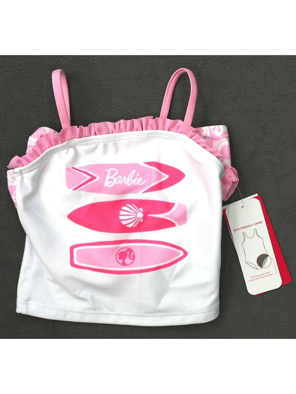 Barbie 18M Pink and White Two-Piece Swimsuit with Surfboard Design